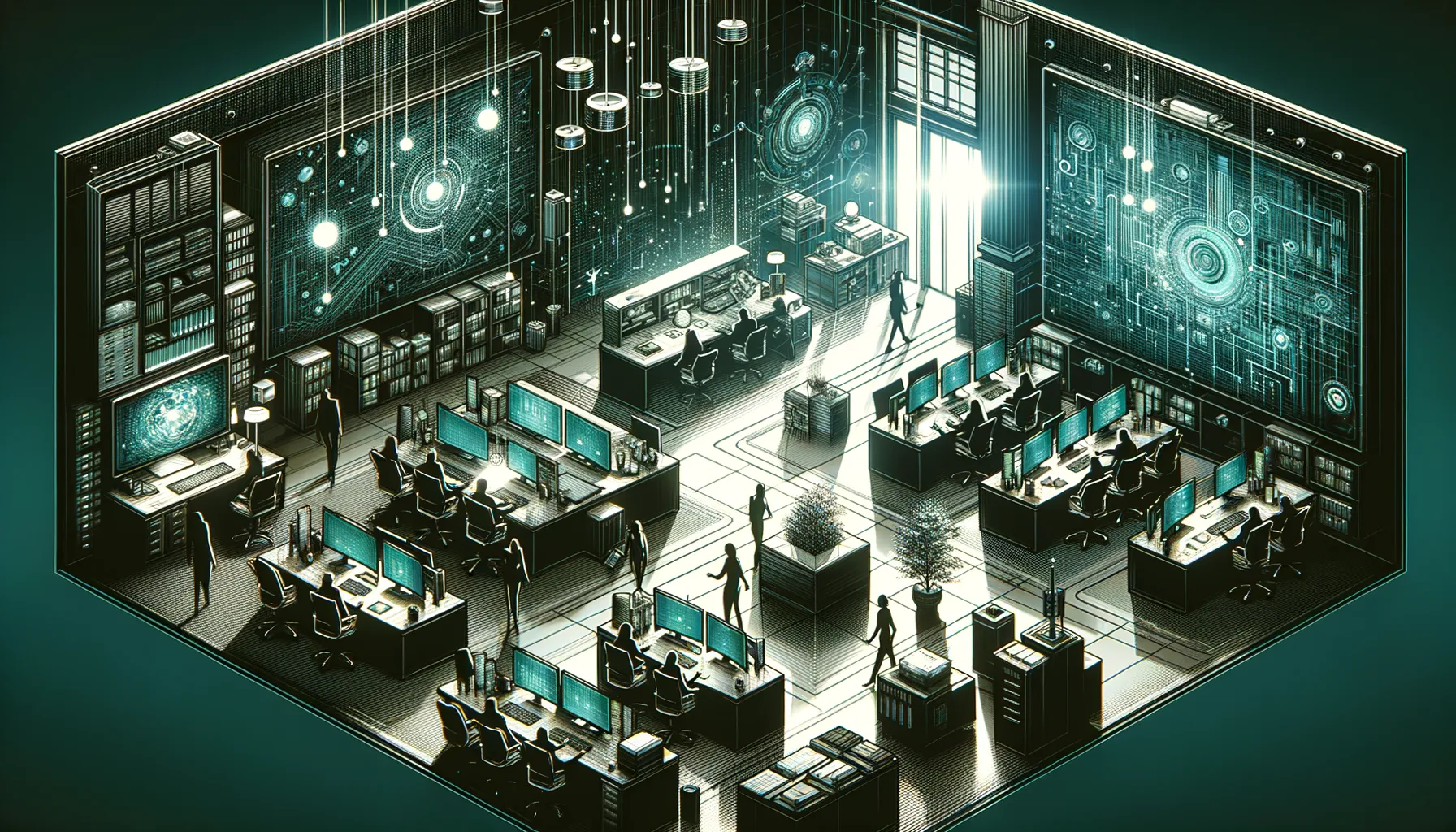 Professional digital art of business and technology elements in dark environment with teal highlights.