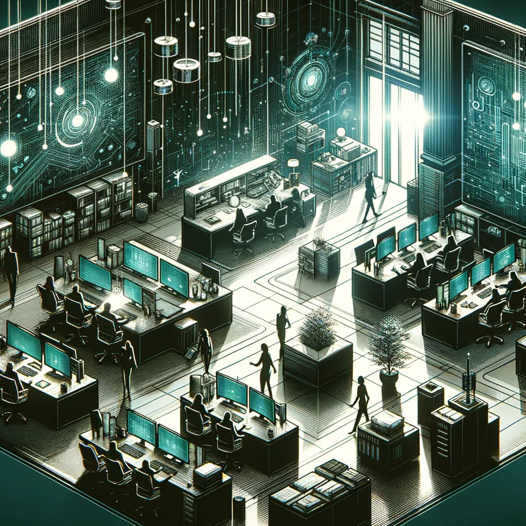 Professional digital art of business and technology elements in dark environment with teal highlights.