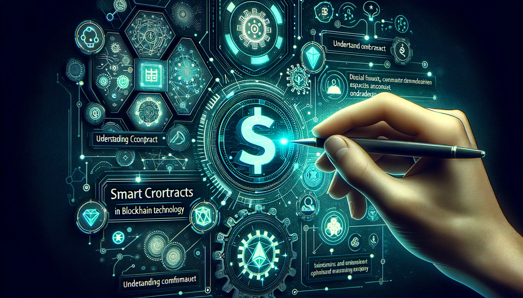 Photorealistic image of blockchain smart contracts with teal highlights on dark background.