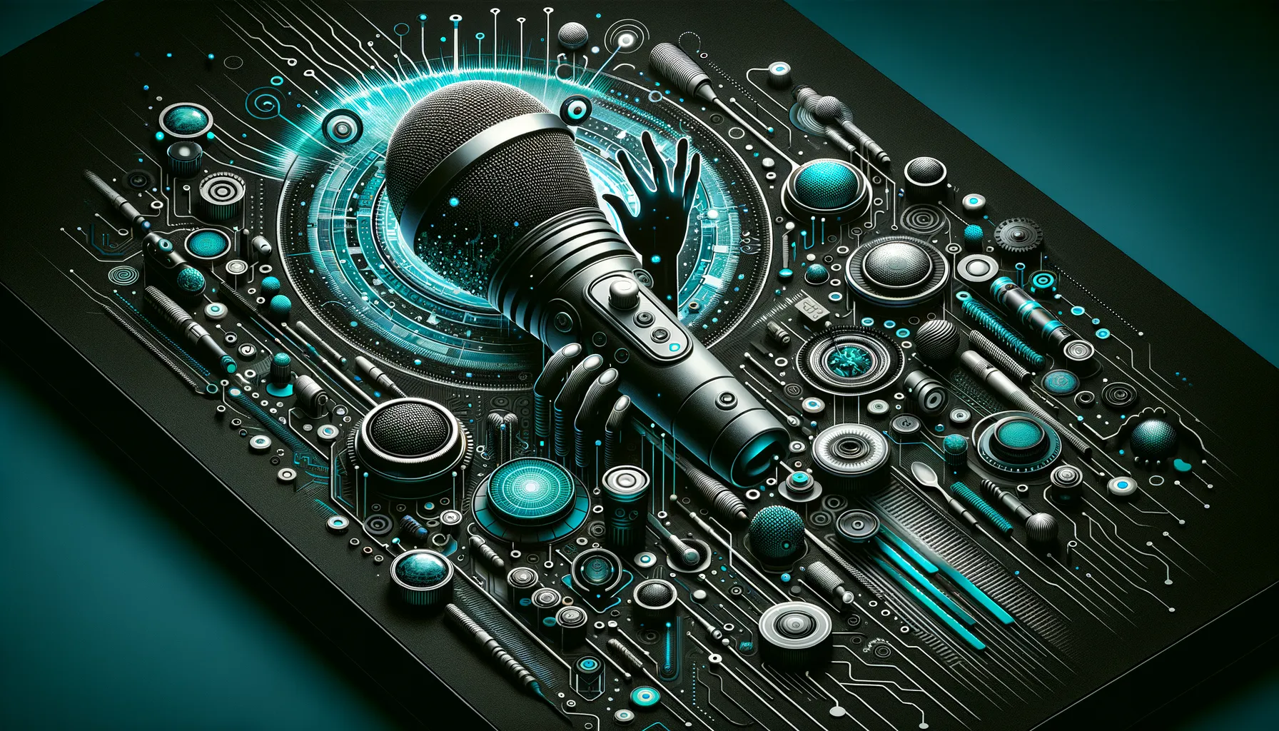 Dark digital art of microphone, sound waves, and circuits representing speech recognition technology basics.