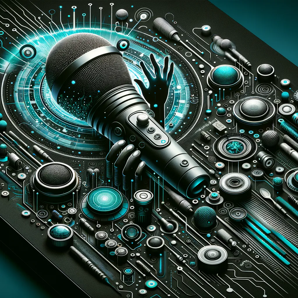 Dark digital art of microphone, sound waves, and circuits representing speech recognition technology basics.