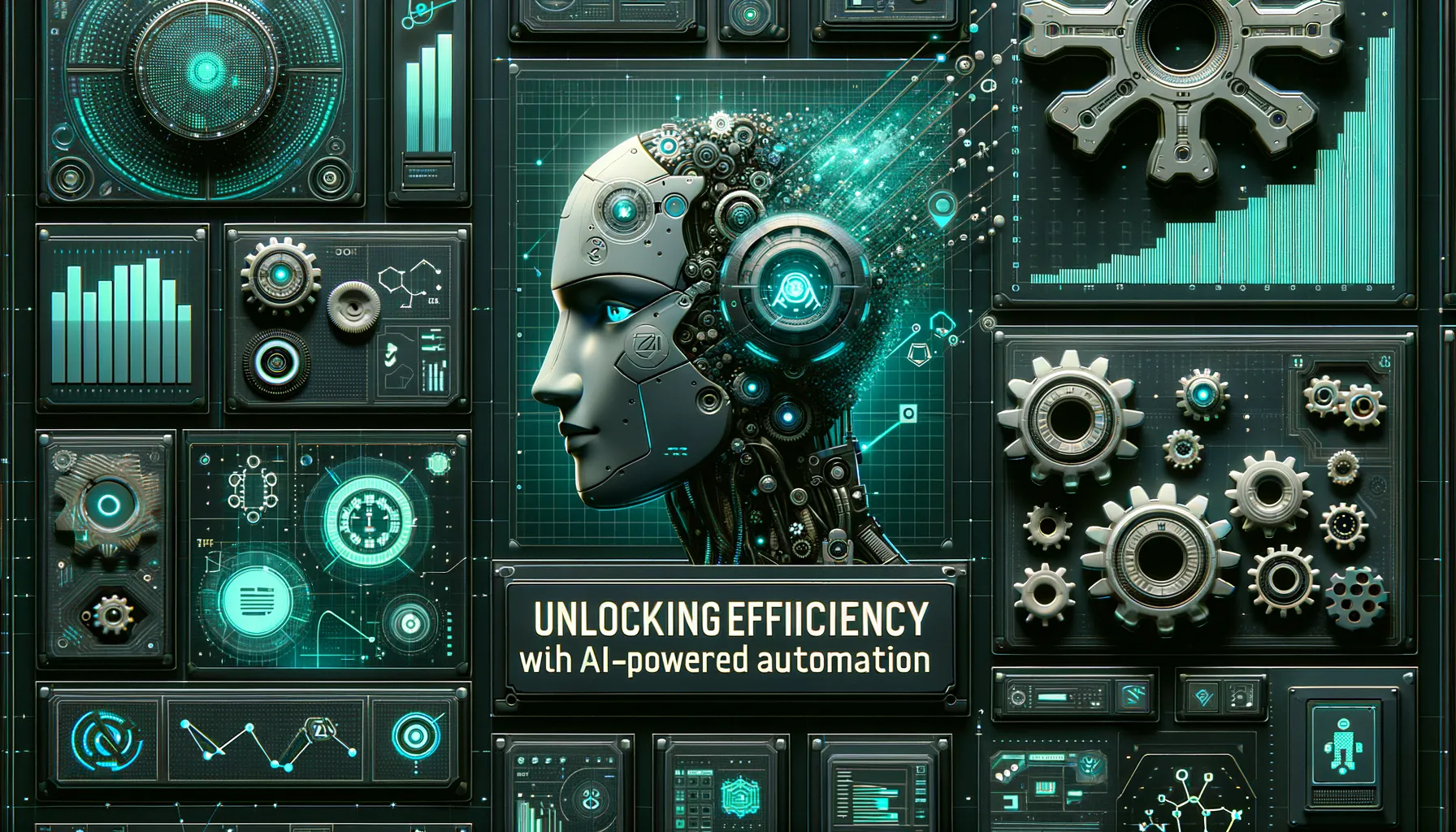 Dark photorealistic banner: teal-accented gears, robots, algorithms symbolizing AI-powered automation.