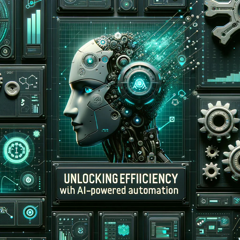 Dark photorealistic banner: teal-accented gears, robots, algorithms symbolizing AI-powered automation.