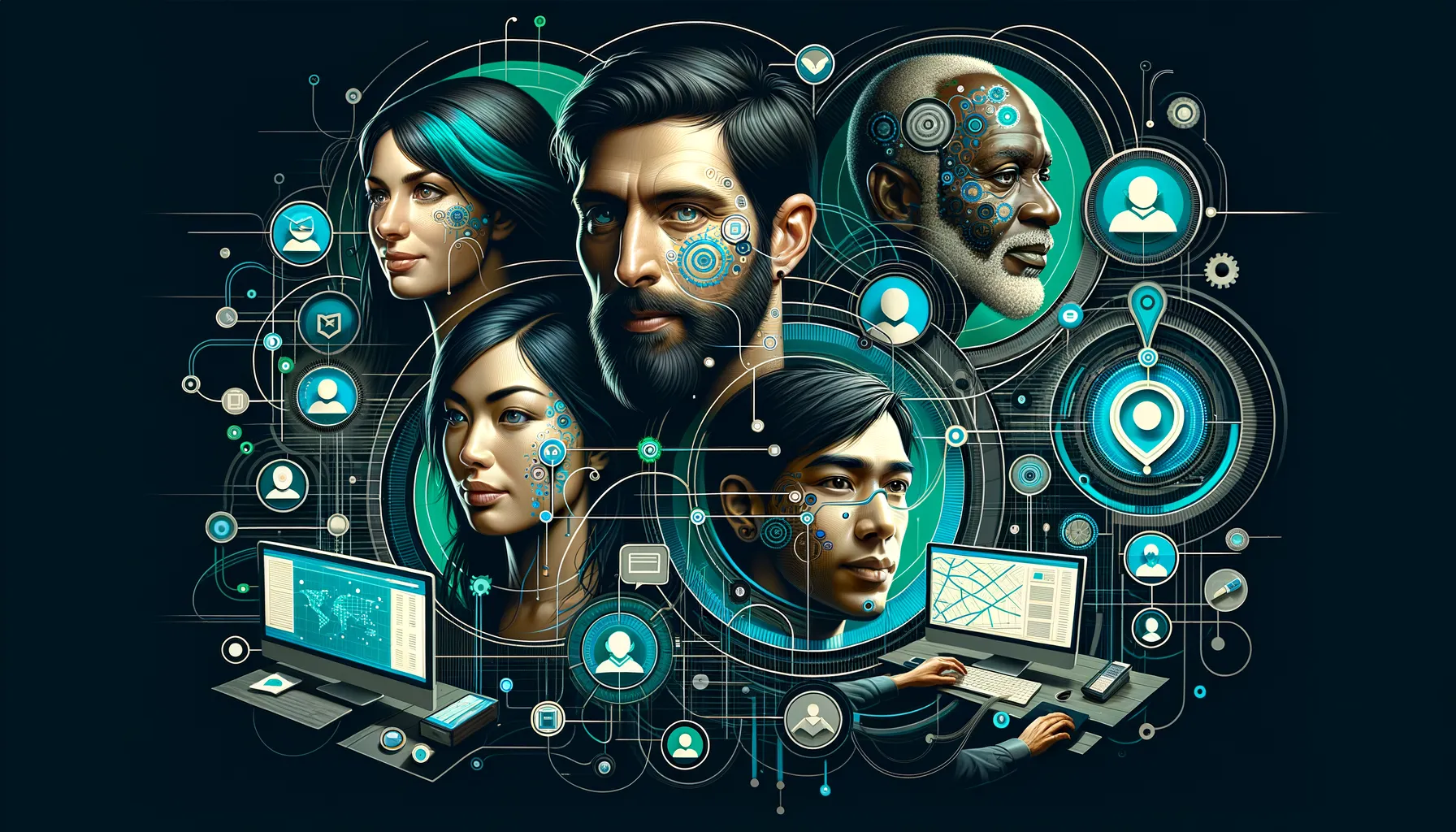 Diverse users journey through intertwined digital paths with teal-accented technology elements.