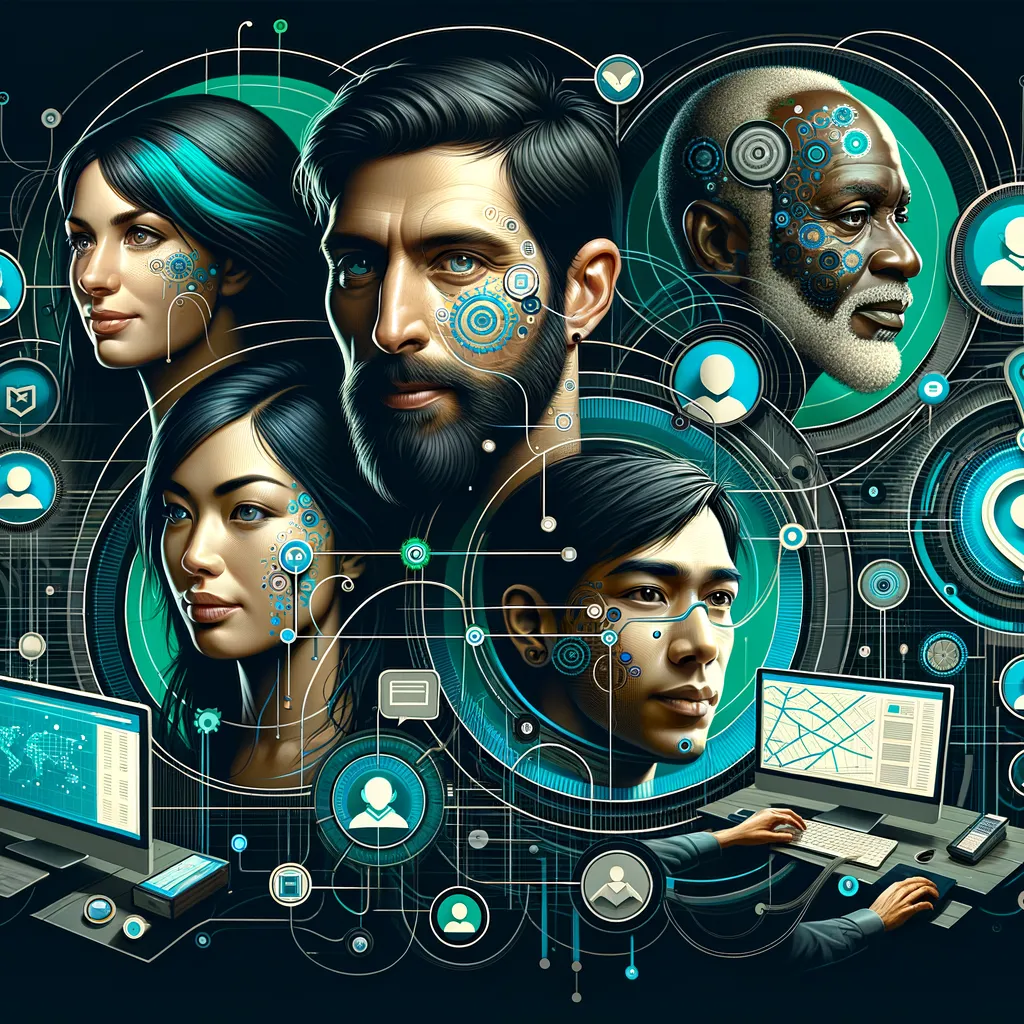 Diverse users journey through intertwined digital paths with teal-accented technology elements.