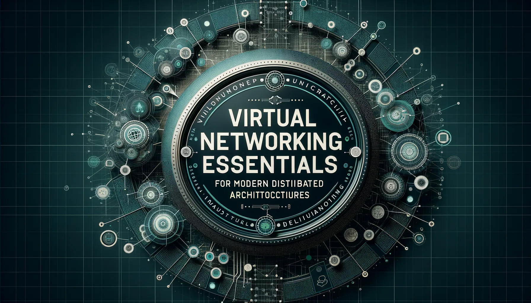 Dark-themed blog banner on virtual networking, teal accents, network diagrams representing distributed architectures.