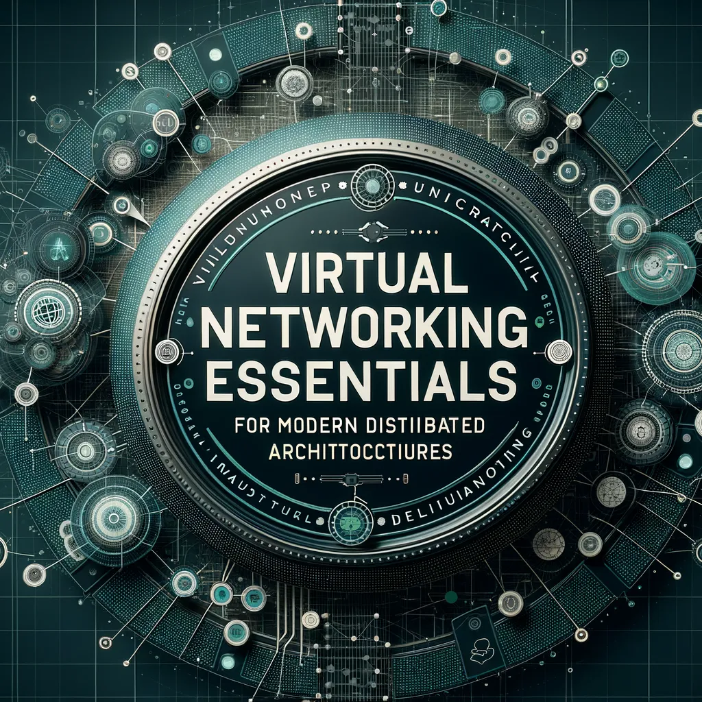 Dark-themed blog banner on virtual networking, teal accents, network diagrams representing distributed architectures.
