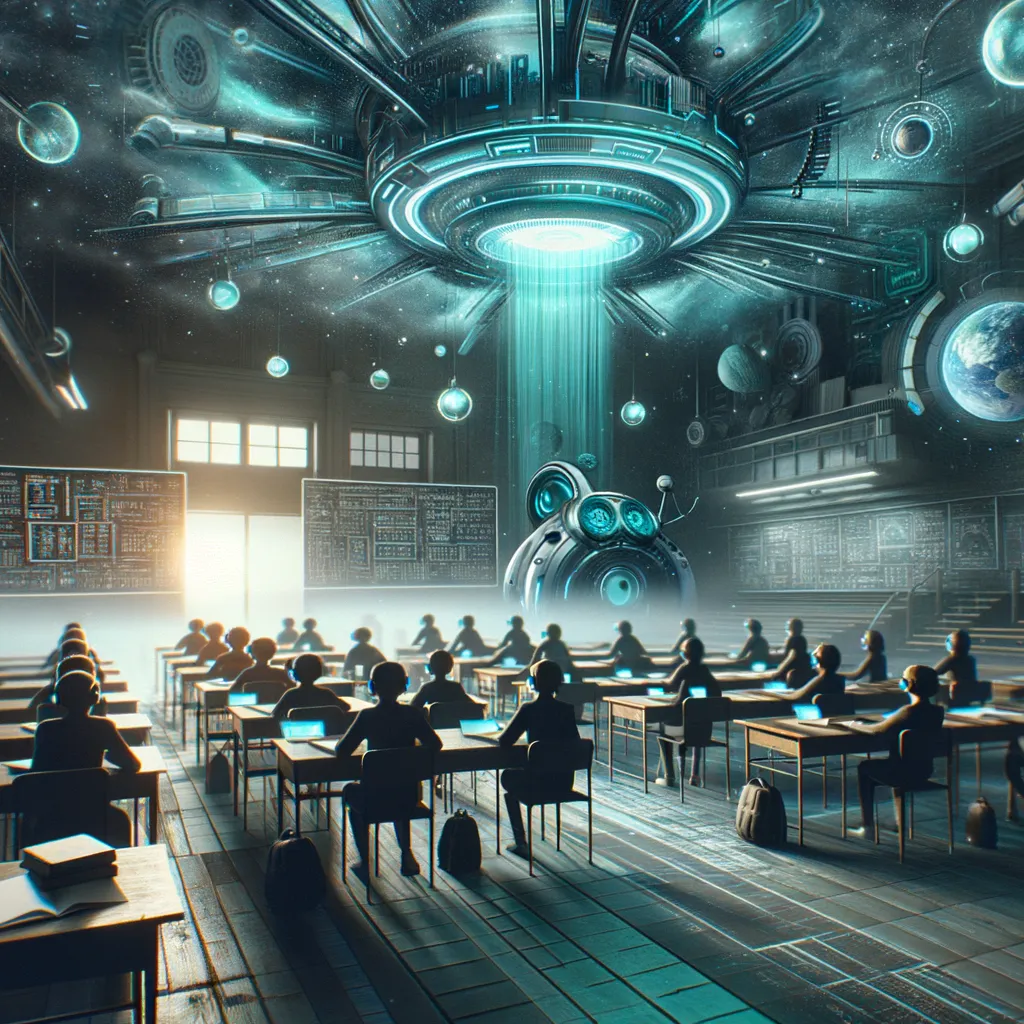 Dim classroom with teal-lit VR headsets amid traditional desks, merging futuristic and classic learning.