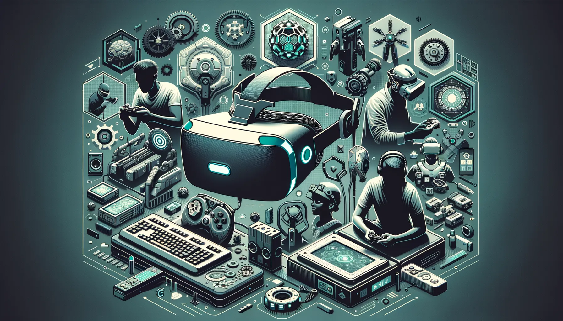 Futuristic blog banner: diverse people with VR headsets, teal accents, gaming and streaming.